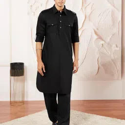 vastramay Men's Cotton Blend Pathani Kurta Set || Shoulder Flaps, Two Pockets with Flap, Cuff Plus Rollover Sleeves and Relaxed Fit Salwar Patiala Pyjama. || Elegance for Holi & Eid Celebration image 1