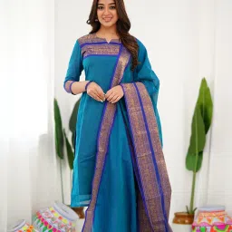 twinlight Women's Kanchi Cotton Elephant Jaquard Work Kurta and Dupatta Set | V Neck 3/4 Sleeves Straight Calf Length Kurti with Jaquard Border Work Dupatta | Kurti Set for Women image 1