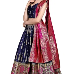 purvaja Women's Faux Silk Jacquard Semi-Stitched Embroidered Fabric Lehenga Choli image 3