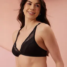 clovia Women's Lace Solid Non-Padded Demi Cup Wire Free Plunge Bra - Black image 4