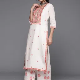 libas Women's Yoke Design Cotton Straight Kurta With Palazzos & Dupatta image 1