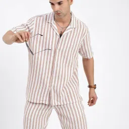 showoffff Men's Brown Striped Cuban Collar Relaxed Fit Co-Ords Set-Mila-3753_Brown image 1