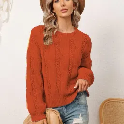 honmin Women's Solid Color Loose Fit Sweater Round Neck Long Sleeve Pullover for Winter image 1