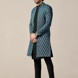 kisah Men's Kurta Indo-Western Sherwani Trouser Set, Multi Jacquard, Woven Design Regular Fit Mandarin Collar Full Sleeves image 1