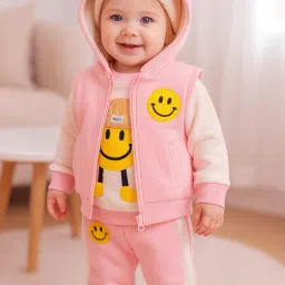 bold n elegant 3d Happy Smile Face Cartoon Winter Warm Hoodied Jacket Sweatshirt and Pajamas 3 Pc Layering Party Clothing Set for Infant Toddler Kids image 1