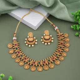 fashion frill Necklace Set for Women | Pearl and Gold Plated Temple Jewellery Set | Traditional image 1