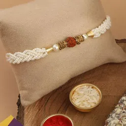 accessher Designer Pearl and Rudraksh Rakhi for Brother with roli kumkum Packets and Happy Rakshabandhan Card image 5