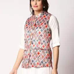 vastraa fusion Women's Polyester Cotton Printed Sleeveless Regular Nehru Jacket/Modi Ethnic Waistcoat (Off-White With Multi Print) image 1