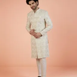 kisah Men Off White Woven Design Indowestern Sherwani Sherwani Trouser Set with Ethnic Motifs image 2