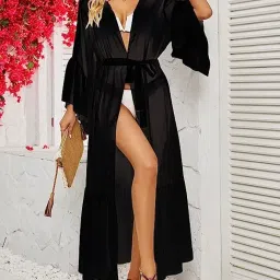 sun-rose fashions Sheer Georgette Women's Front open Ruffle Skirt Hem Swimwear Cover up | Beach cover up | Shrug | overcoat | One Size fits all image 1