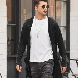 nemoux Men's Long Hooded Cardigan Shawl Collar Lightweight Open Front Drape Cape Overcoat with Pockets image 2