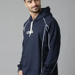 lewel Men's Stylish Multi Panelled Self Design Full Sleeve Hooded Sweatshirt (Navy) image 2