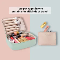 WEMOL Polyester Travel Fashion Cosmetic Organizer Bag with Detachable Pouch, Super Soft Makeup Organiser Bag for Brushes, Toiletries, Cosmetics Items for Women (Green) image 3
