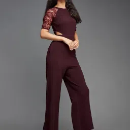 miss chase Women's Half Sleeve Solid Waist Cut-Out Regular Length Pocketed Jumpsuit image 2