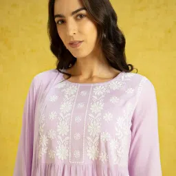 kaari Women's Chikankari Kurta Set with Dupatta - A-line Fit | Chiffon Dupatta with Embroidered Band | Straight Pant with Side Pocket | Kurta Set For Women image 2