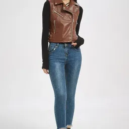 jkaur Women’s PU Leather Quilted Vest Double Strap Lapel Zip-Up Motorcycle-Inspired Jacket image 5