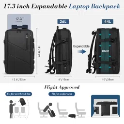 palay Travel Laptop Backpack fit 17.3 inch, 26-44L Expandable Carry on Luggage Weekender Daypack Business Rucksack with USB Charging Port, Water-Resistant image 2