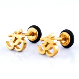 gadgetsden 316L Stainless Steel Sanskrit Om Tibetan Gold Color Earrings Studs Unisex, 2pcs image 1