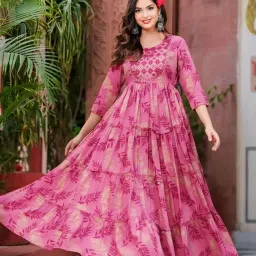 Women's Rayon Printed Anarkali Kurti | Festive Green & Pink Flared Long Dress &Frock image 2