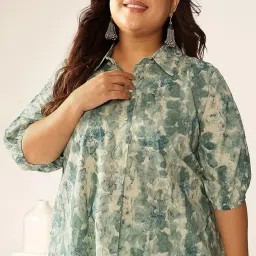 janasya Women's Plus Size Aqua Blue Pure Cotton Tie & Dye A-line Tunic image 4