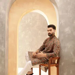 sojanya (Since 1958 Men's Cotton Linen Geometric Printed Kurta with White Pyjama image 1