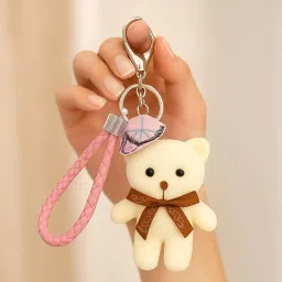 typify Cute Teddy Bear Keychain for Girls | Soft Plush Toy with Pink Bell & Braided Loop | Bag & Car Hanging Charm | Stylish Keyring for Gifting – Birthday, Friendship Day image 5