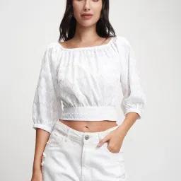 tokyo talkies Women's Embroidered Crop Top | 3/4 Puff Sleeves & Chic Detailing for A Trendy Look | Tops for Woman | Women Tops | Women Crop Top image 4