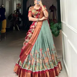 snazzy stitch Women's Wedding Special Foil Worrk Tussar Silk Lehenga Choli Set || Free Size Available image 1