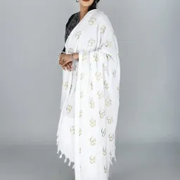 exotic india Prayer Shawl with Zari Embroidered Om Motif - Viscose Cotton image 3