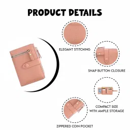 elios Women's Wallet Vegan Leather Bifold Small Card Holder Coin Holder Compact Ladies Purse with 12 Card Slots, Zipper Pocket and RFID Blocking | Snap Closure | Mini Purse for Women (Peach) image 2