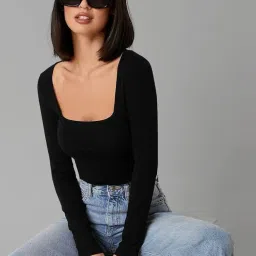 dream beauty fashion Women's Long Sleeve Slim Fit Top/T-Shirt Square Neck Casual (Top-Sakira-1) image 1