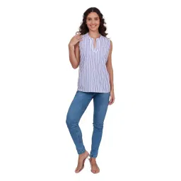 modyne Women’s Sleeveless Cotton Tunic Top | Blue & White Striped Pattern | Casual & Stylish Summer Top image 3