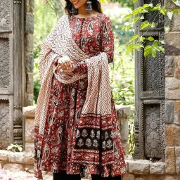 nermosa Women Printed Anarkali Kurta and Pant Set with Dupatta image 5