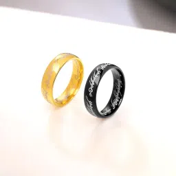 yellow chimes Combo 2 Pcs Lord of the Rings Genuine 100% Stainless Steel Gold/Black Rings for Men and Boys image 1