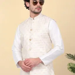 kraft india Men's Sequins Silk Jacquard Sleeveless Nehru Jacket, Size- Small image 4