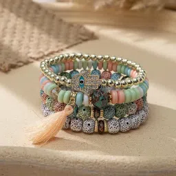shining diva fashion Bohemian Evil Eye Lucky Protection Hamsa Hand Tassel Charm Beaded Bodhi Stylish Multilayer Bangle Bracelet for Women and Girls image 2