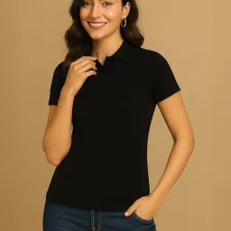 juneberry Pure Cotton Half Sleeves Regular Fit Plain Solid Classic Polo Colored Collar T-Shirt for Women (Colors: Olive, Maroon, Navy, Black, Green & Orange) image 1