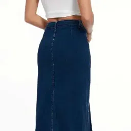 tripursundari fashion Navy Blue Side Button Plain Straight Maxi Denim Skirt image 2