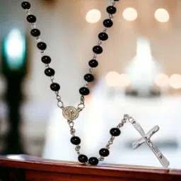 Black Rosary Beads Necklace with Jesus Christ Cross Pendant | Christian Prayer Chain for Men & Women | Religious Catholic Jewellery for Christmas, Holy Mass, Church image 2
