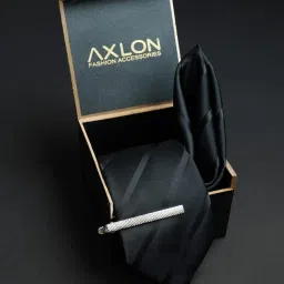 axlon Black Self Striped Tie For Men – Formal Ties Set With Pocket Square & Tie Pin Clip For Mens, Silk Neckties Gift Sets For Men’s (AXNW12) image 1