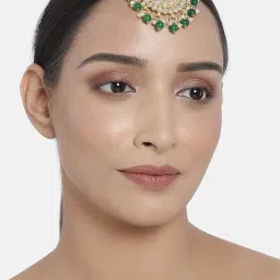 i jewels 18K Gold Plated Ethnic Matte Finish Traditional Kundan Studded Maang Tikka with Pearls for Women/Girls (T2861) image 1