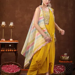 stylum Women's Solid Georgette Draped Readymade Lehenga Set With Printed Jacket (Pcjmustardtaylor_Mustard) image 2