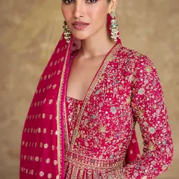 miss ethnik Women's Pink Chinon Stitched Gown with Dupatta Full Sleeve Embroidered Anarkali Gown (ME-1275) image 2