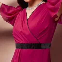 miss chase Women's Solid Relaxed Fit Short Sleeve V-Neck Ankle-Length Straight Jumpsuit image 4