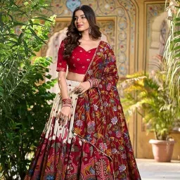 jay varudi creation Women's Tussar Silk Lehenga Choli Set | Patola Print with Foil Work | Unstitched Blouse | Designer Ethnic Wear for Navratri, Wedding, Festival & Party image 2