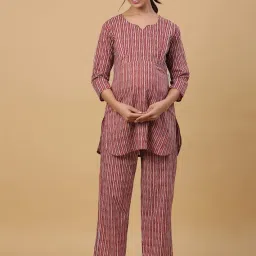 crafiqa Pre & Post Maternity/Nursing Wear Hand Printed Night Suits/Night Dress with both sides Zipper for Easy Feeding for To Be Moms & Nursing Mothers � Pure Cotton � Red Stripes image 4