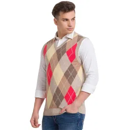 colorplus Men's Classic Fit Acrylic Blend Sleeveless V Neck Jacquard Pattern Fawn Casual Sweater image 2