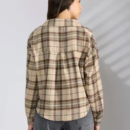 showoffff Women's Checked Beige Shirt Style Top with Chain-CHN-0303_Beige image 4