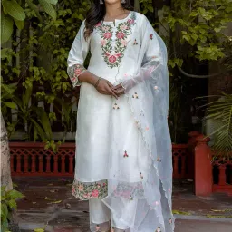 vredevogel Women's Embroidered Silk Blend Straight Kurta Trouser Pant Set with Dupatta | Ethnic Casual Kurti Set for Women image 1