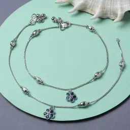 zeneme Set Of 2 Rhodium-Plated American Diamond Studded Floral Charm Anklets For Girls and Women image 1